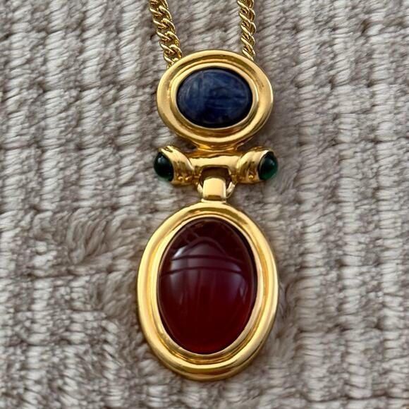 Egyptian Revival Scarabs Semi Precious Gemstones Gold Tone Pendant Necklace - Picture 2 of 4